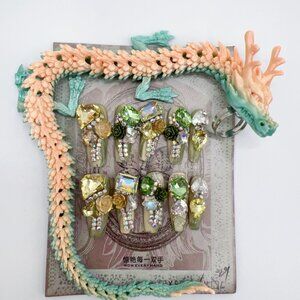 Luxury Dragon Ring Press-On Nails | Rhinestone 3D Flower | Long Coffin
